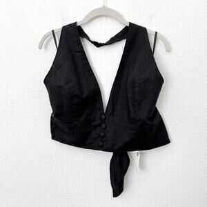 [Anthropologie] Black Linen Blend Retro V-Neck Halter Crop Tank NWT Size Large L